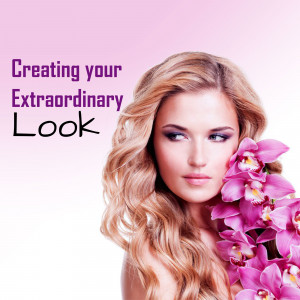 Beautiful woman with purple makeup and orchids