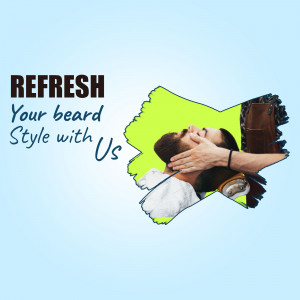 Advertisement for beard styling services with a man getting his beard trimmed.
