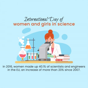 Illustration of a female scientist working in a lab with scientific equipment, celebrating International Day of Women and Girls in Science.