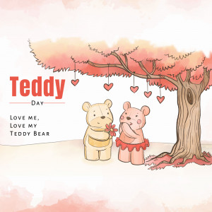 Illustration of two teddy bears under a tree with hearts, celebrating Teddy Day.