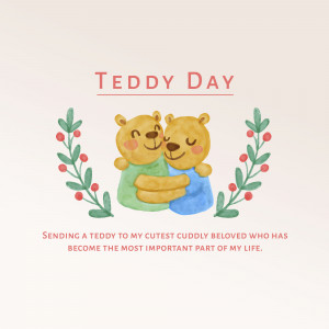 Watercolor illustration of two teddy bears hugging with floral accents and text 'Teddy Day'