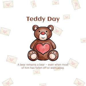 Illustration of a teddy bear with a heart, surrounded by love letters.