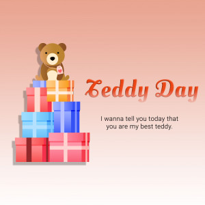 Teddy bear on a stack of gifts with 'Teddy Day' text