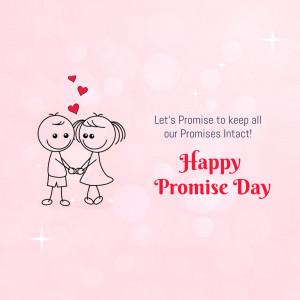 Illustration of a stick figure couple holding hands with hearts floating above them, with text 'Happy Promise Day'