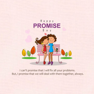 Illustration of a couple on a bench with the text 'Happy Promise Day'
