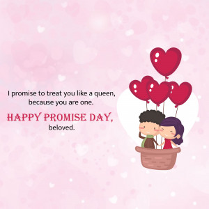 Illustration of a couple in a balloon basket with heart-shaped balloons, celebrating Promise Day.