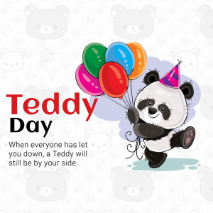 Cute panda bear holding balloons with 'Teddy Day' text
