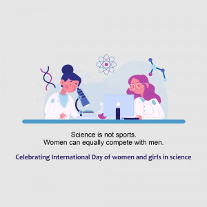 Illustration of two female scientists working in a lab with scientific imagery and text celebrating International Day of Women and Girls in Science.