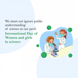 Illustration of female and male scientists working in a lab with virus imagery, promoting the importance of women in science.