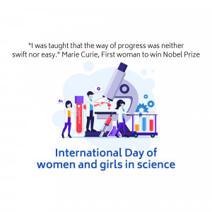 Illustration celebrating International Day of Women and Girls in Science featuring Marie Curie quote and scientists.