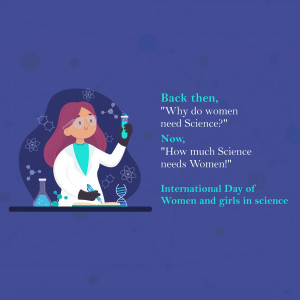 Illustration of a female scientist holding a test tube with text celebrating International Day of Women and Girls in Science.