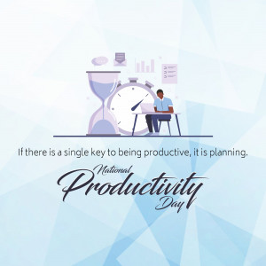 Illustration of a man working at a desk with time management elements, celebrating National Productivity Day.