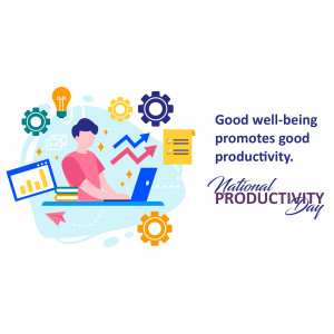 Illustration depicting a person working on a laptop surrounded by productivity symbols for National Productivity Day.