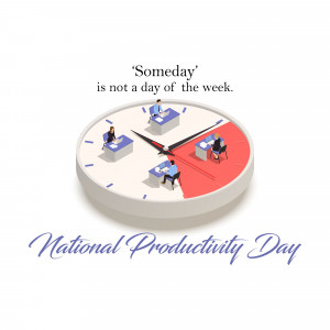 Clock with people working inside, representing the message 'Someday is not a day of the week' for National Productivity Day.
