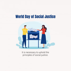 Illustration depicting people working towards social justice with a voting box and text 'World Day of Social Justice'.