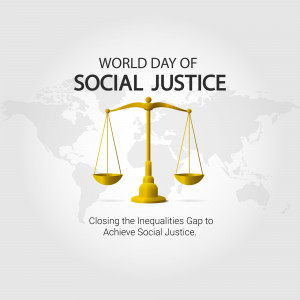 Scales of justice with a world map background for World Day of Social Justice