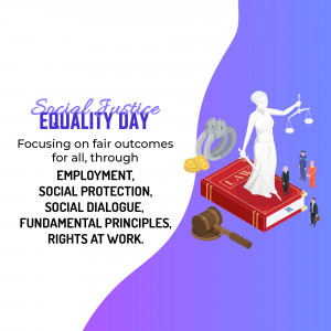 Illustration depicting the concept of Social Justice Day with Lady Justice, legal symbols, and text emphasizing fair outcomes.