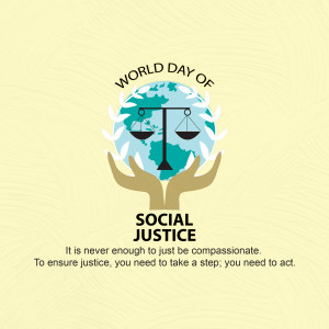 Illustration of hands holding a globe with scales of justice, representing World Day of Social Justice.