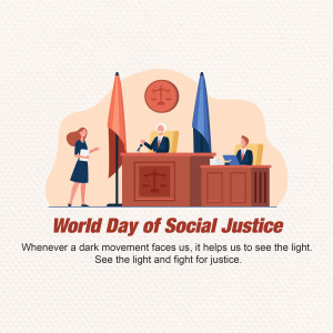 Illustration depicting a courtroom scene with a judge, lawyers, and the scales of justice, promoting World Day of Social Justice.