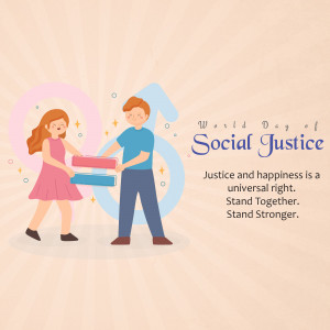Illustration depicting a boy and a girl working together to push a block with the gender symbols, promoting social justice.