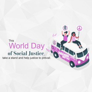 Illustration depicting two women on a vintage van promoting World Day of Social Justice and peace.