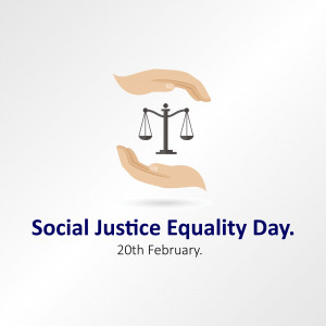Hands cradling scales of justice with text Social Justice Equality Day