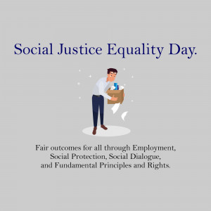 Illustration depicting a man carrying a box with papers falling out, representing Social Justice Equality Day.