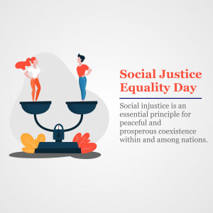 Illustration depicting social justice and equality with a balance scale and diverse figures.