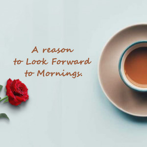 A cup of coffee and a red rose on a light blue background with text 'A reason to Look Forward to Mornings.'