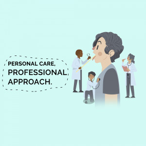 Illustration of a doctor examining a patient with other healthcare professionals in the background.