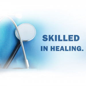 Stethoscope with the text 'Skilled in Healing'