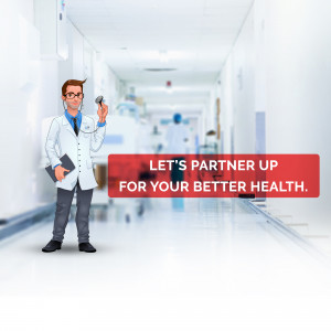 Cartoon doctor in a hospital hallway with a partnership message.