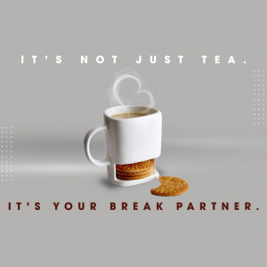 A white mug with tea and cookies underneath, promoting a relaxing break.