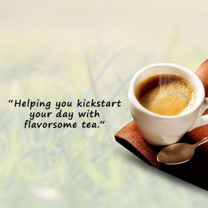 A cup of coffee with steam rising, accompanied by a motivational quote.