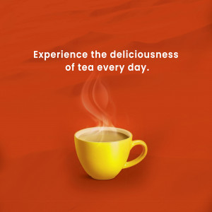 A yellow cup of steaming tea on a red background with text promoting daily tea enjoyment.