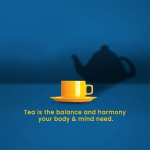 A yellow teacup and saucer with a teapot shadow and motivational text.