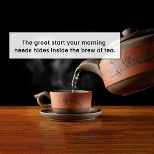 A clay teapot pouring tea into a matching cup and saucer on a wooden surface.