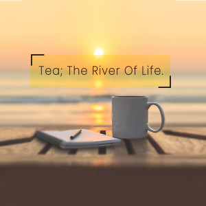 A white mug of tea on a sandy beach with a notebook and pen, silhouetted against a vibrant sunset.