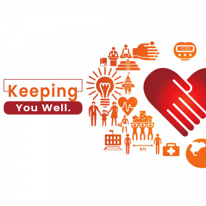 Illustration depicting healthcare and well-being with icons and a hand symbol.