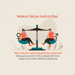 Illustration depicting gender equality with a scale and text about Social Justice Day