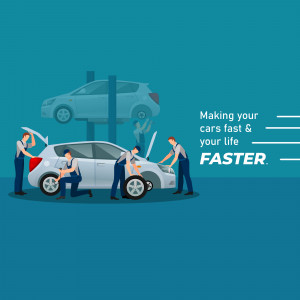 Illustration of mechanics working on cars in an auto repair shop.