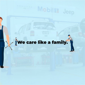 Illustration of mechanics working on a Jeep vehicle in an auto repair shop.