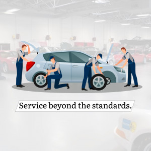 Illustration of mechanics working on cars in an auto repair shop.