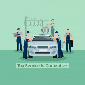 Illustration of mechanics working on a car in an auto repair shop