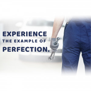 Mechanic holding a wrench with a car in the background and text 'Experience the example of perfection'.