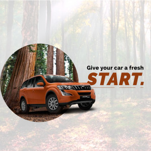 Orange Mahindra XUV500 parked in a forest setting with text 'Give your car a fresh START.'