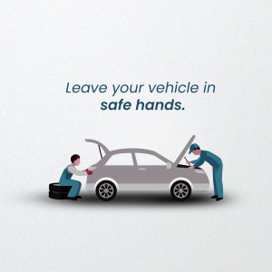 Illustration of a mechanic working on a car with the text 'Leave your vehicle in safe hands.'