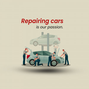 Illustration of mechanics repairing cars in a garage