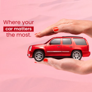 A hand gently cradling a red toy car against a pink background with text 'Where your car matters the most.'
