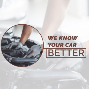 Mechanic working on a car engine with text 'We Know Your Car Better'